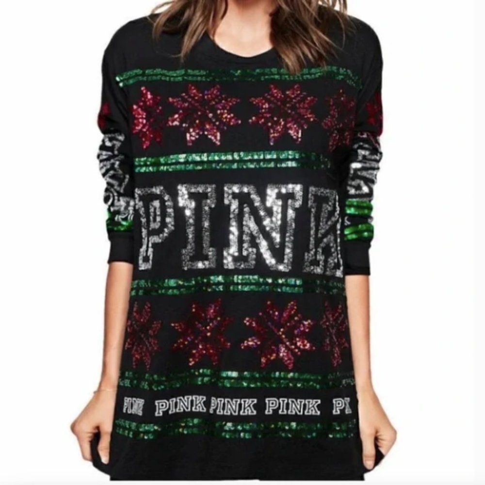 🎄 Victoria's Secret PINK Sequin Bling Holiday Christmas Long Sleeve Tee Size S‎